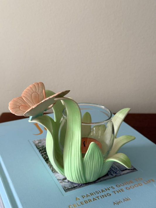 Vintage Fitz and Floyd Pink Butterfly on Green Leaves Tealight Candle Holder