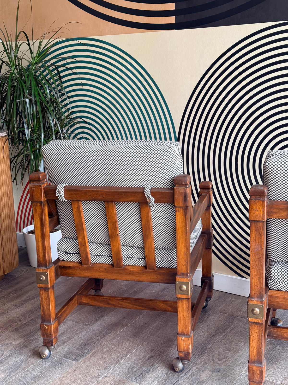 Pair of Vintage Wooden Chairs with Checkered Upholstery