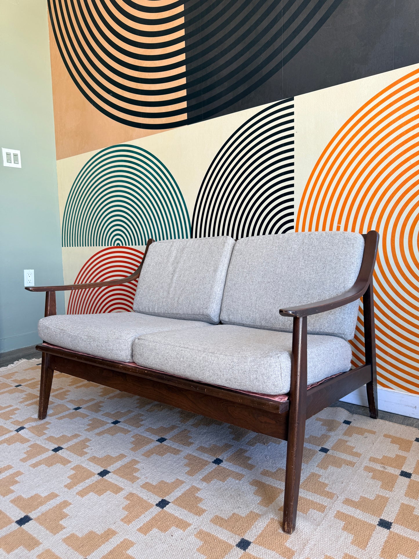 Vintage Mid Century Modern Wood Frame Loveseat