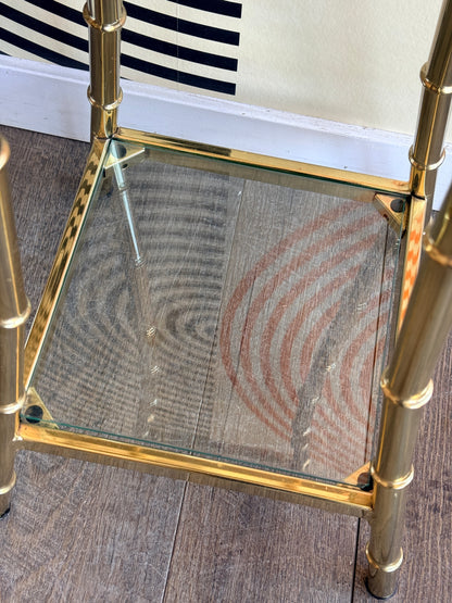 Vintage Hollywood Regency Faux Bamboo Brass Plated and Glass Shelf