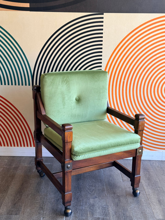 Vintage Wooden Lounge Chair with Green Velvet Upholstery
