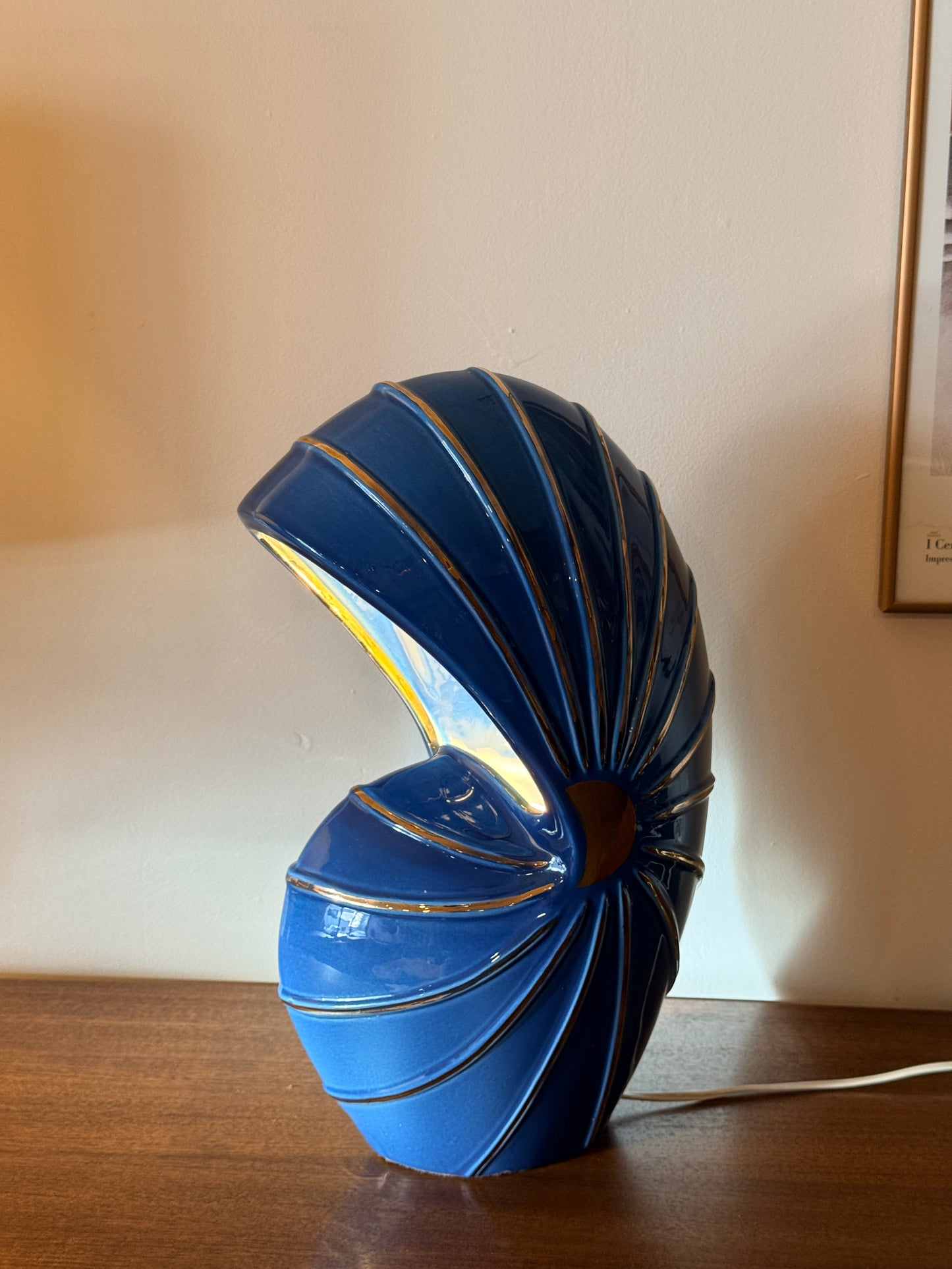 Vintage MCM Blue and Gold Ceramic Nautilus Lamp