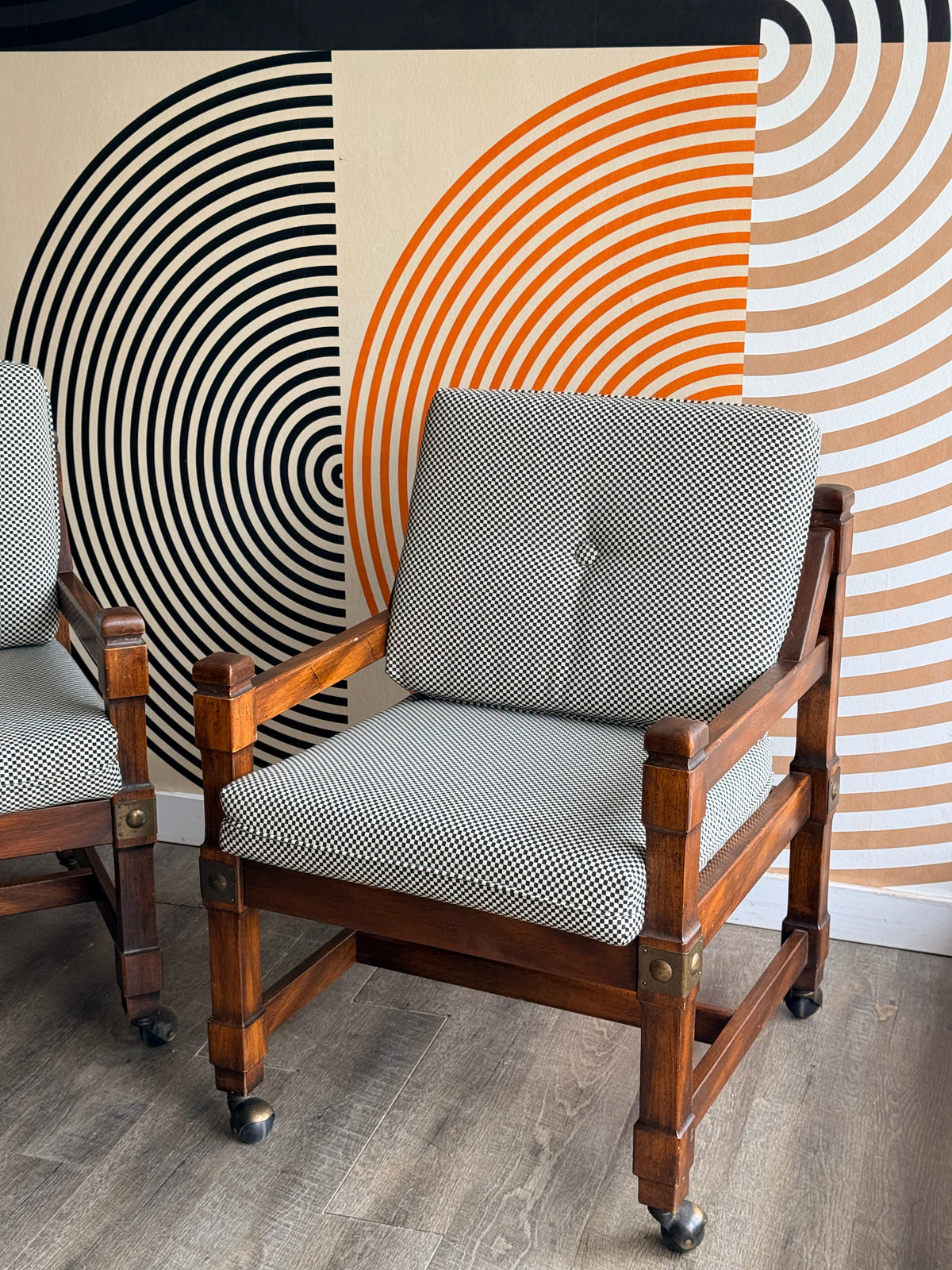 Pair of Vintage Wooden Chairs with Checkered Upholstery