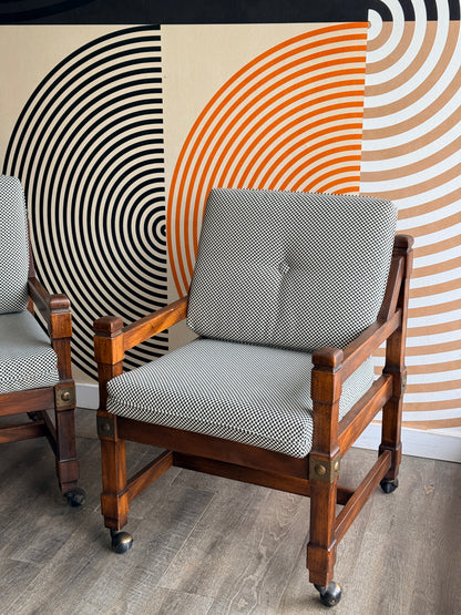 Pair of Vintage Wooden Chairs with Checkered Upholstery