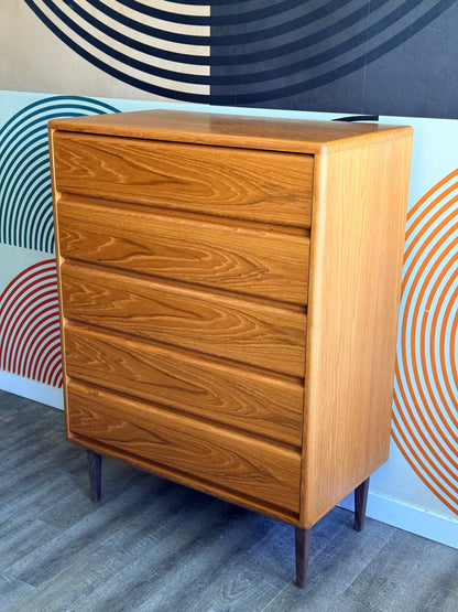 Vintage Teak 5 Drawer Tallboy Dresser