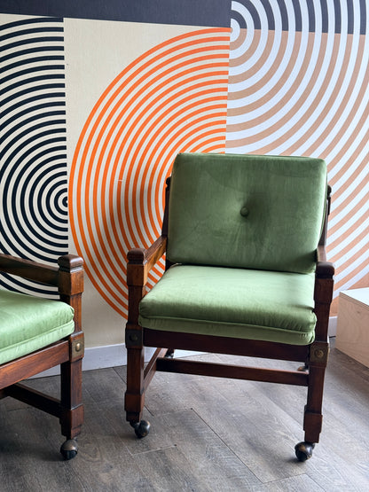 Pair of Vintage Wooden Lounge Chairs with Green Velvet Upholstery