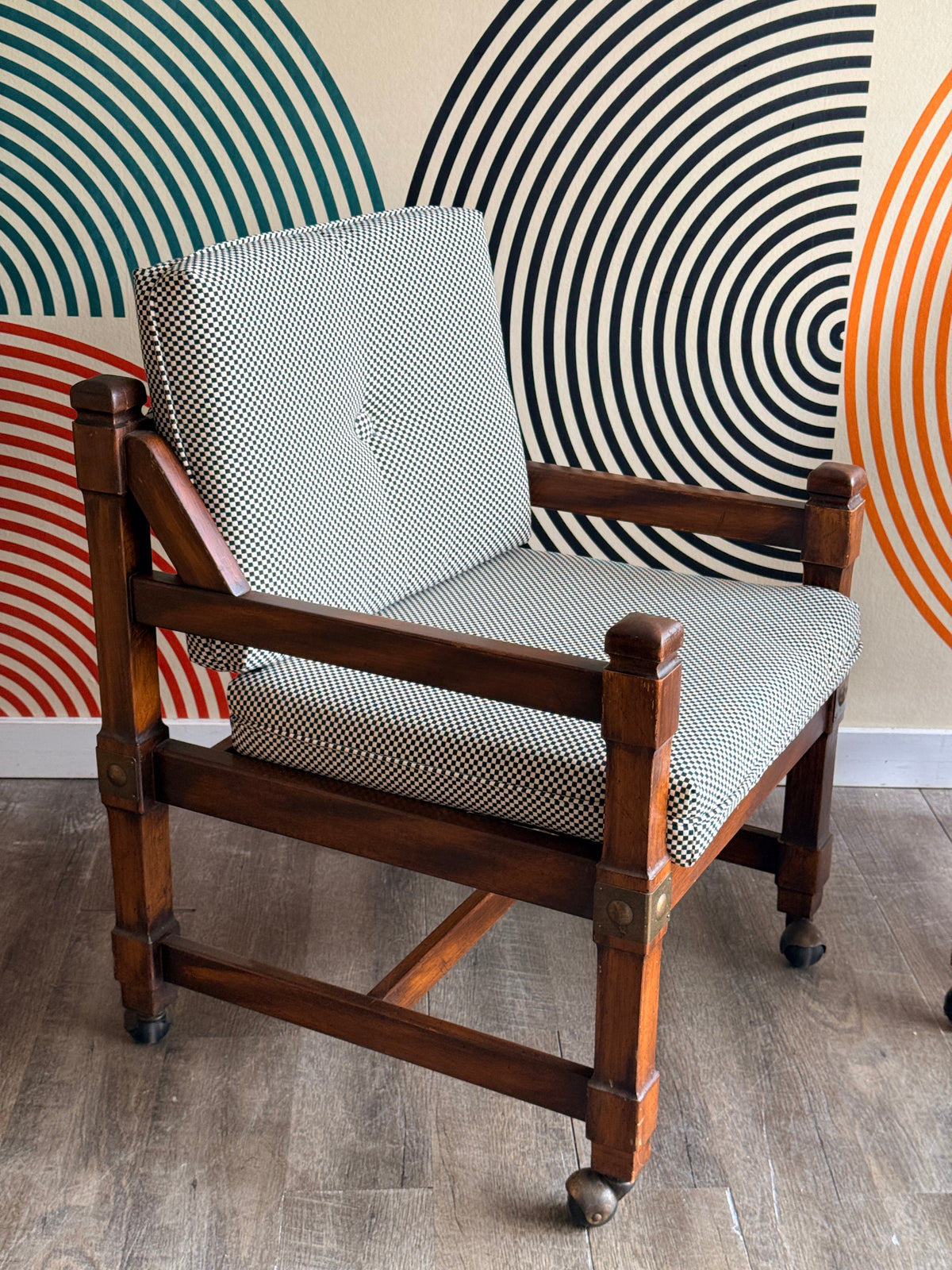 Pair of Vintage Wooden Chairs with Checkered Upholstery