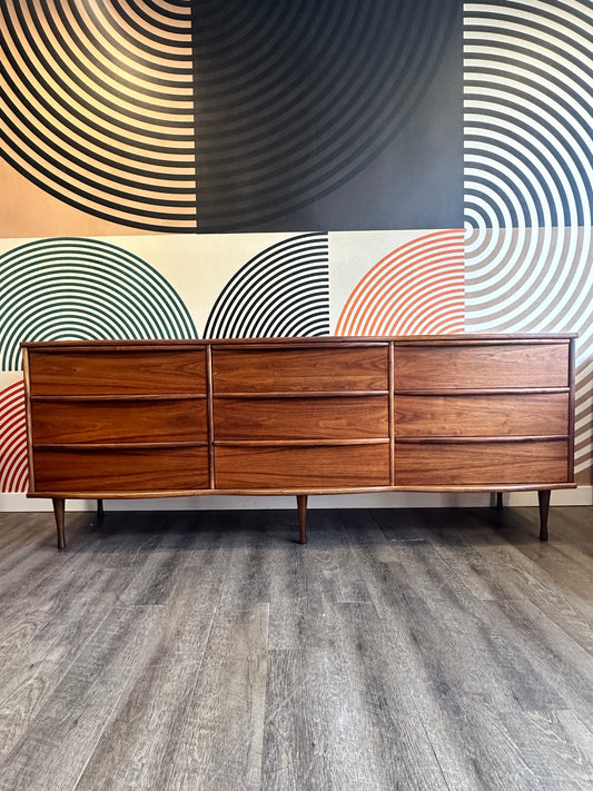 Vintage Scalloped Top Walnut 9 Drawer Dresser