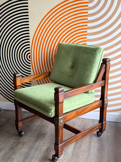 Pair of Vintage Wooden Lounge Chairs with Green Velvet Upholstery