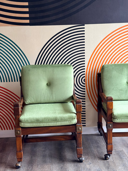 Pair of Vintage Wooden Lounge Chairs with Green Velvet Upholstery