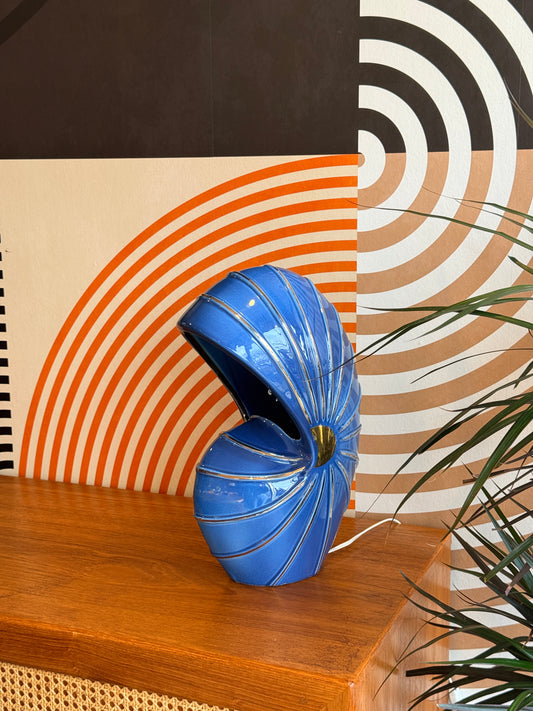 Vintage MCM Blue and Gold Ceramic Nautilus Lamp