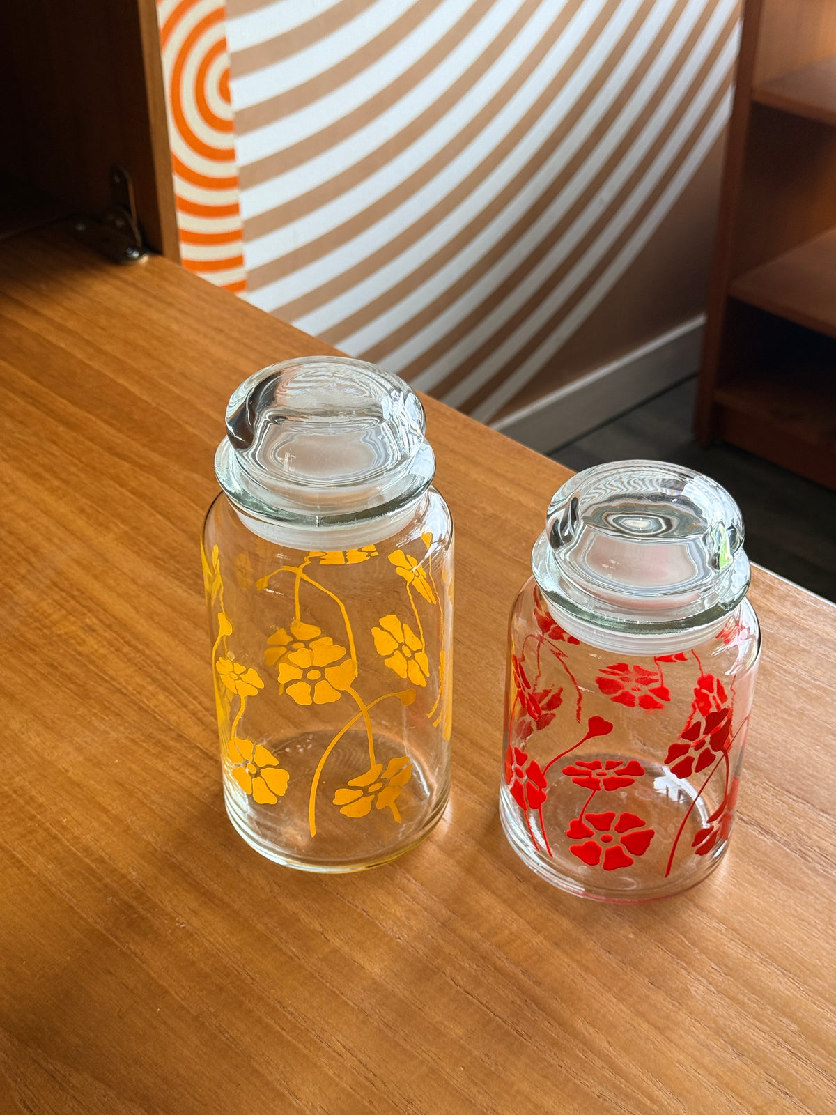 Pair of Vintage Anchor Floral Glass Jars
