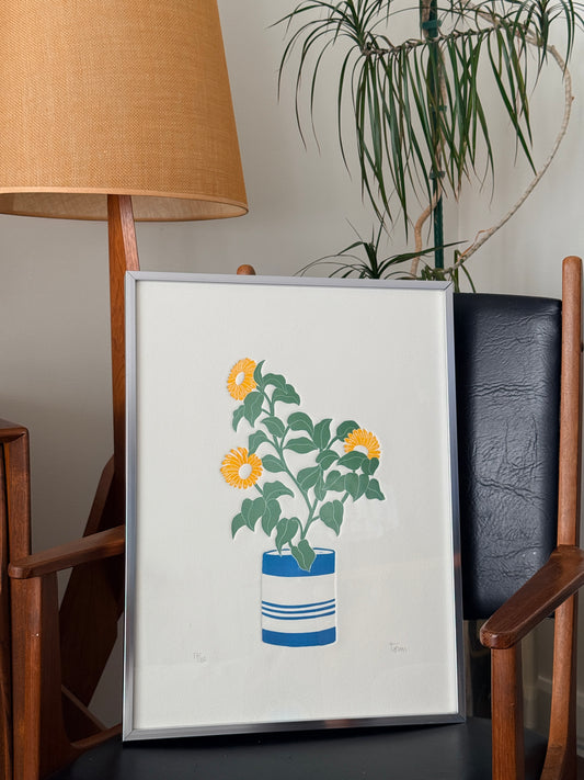 Vintage Fernando Torm Numbered Yellow Flowers Print – Embossed Color Etching, 17/100