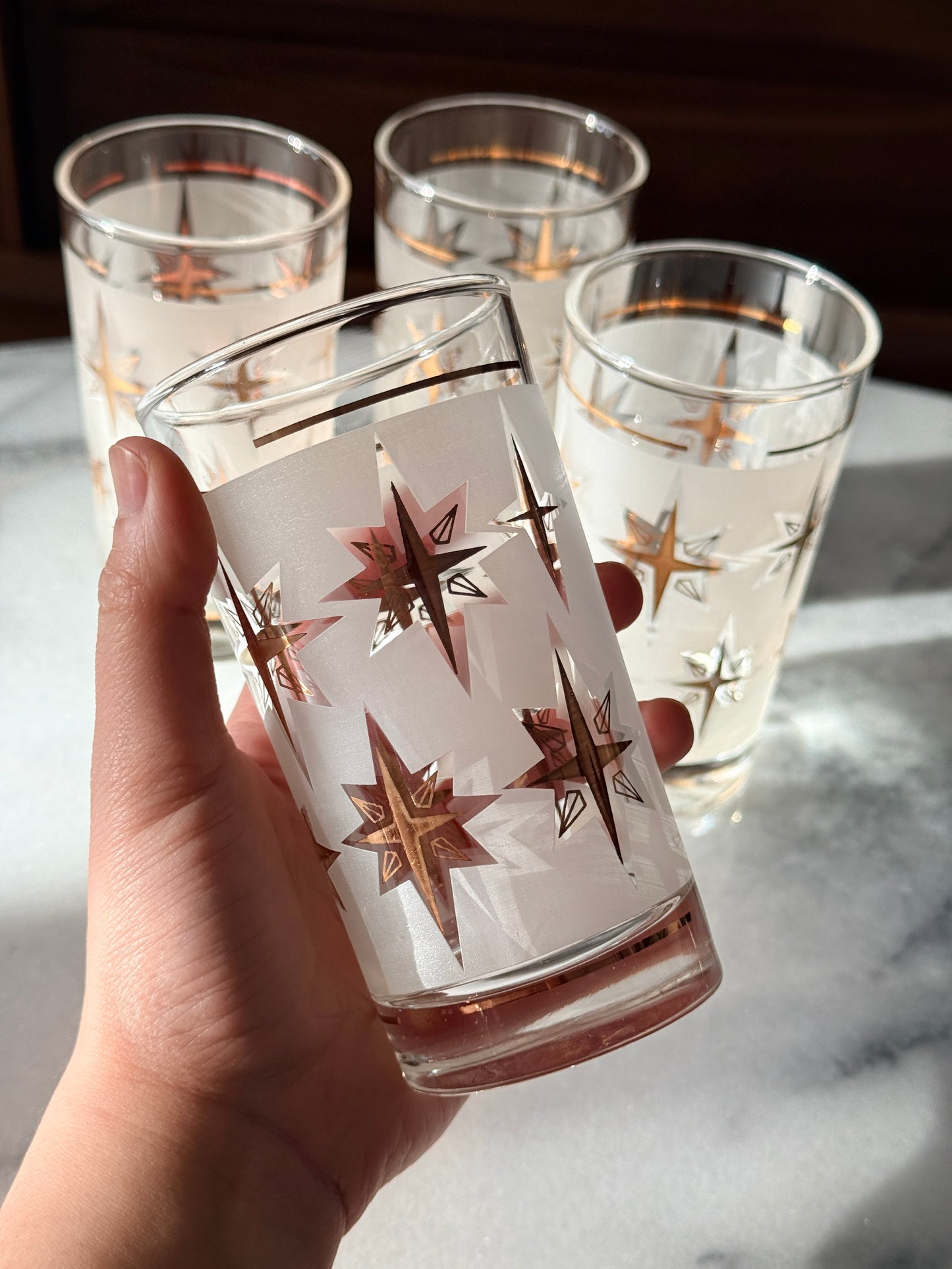 Set of 4 Vintage MCM Dominion Atomic Starburst Glasses