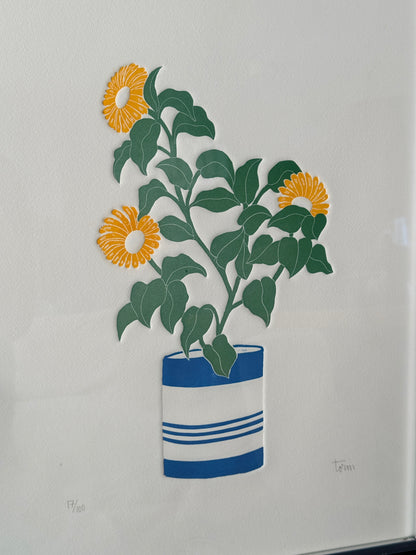 Vintage Fernando Torm Numbered Yellow Flowers Print – Embossed Color Etching, 17/100