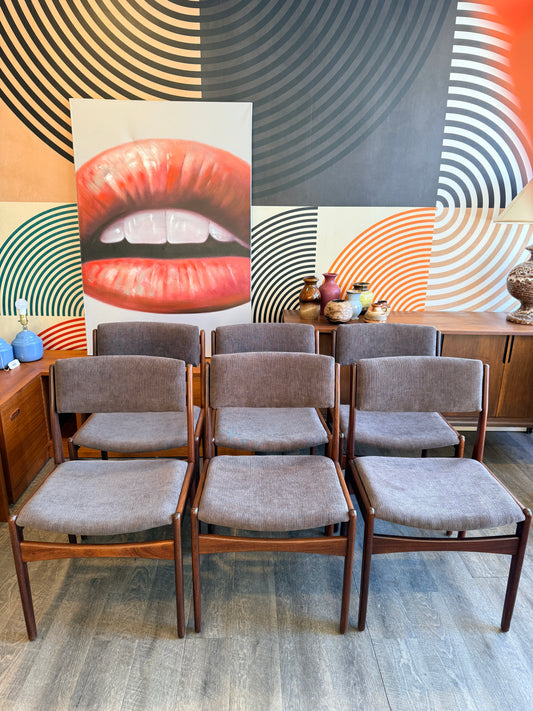 Set of 6 Afromosia Teak Dining Chairs with Newly Upholstered Seats