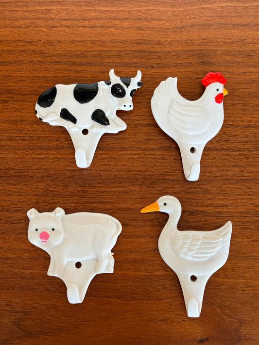 Set of 4 Vintage Farm Animal Ceramic Kitchen Towel Hooks
