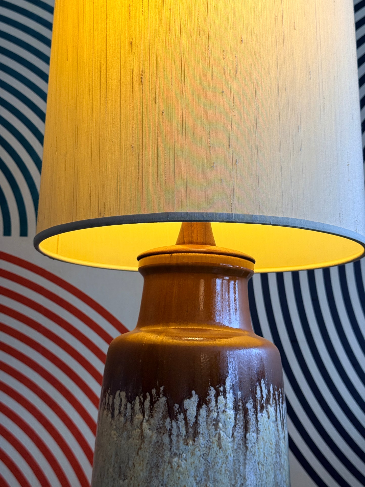 X-Large Vintage German Drip Ceramic Lamp on Teak Base