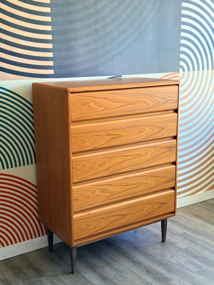Vintage Teak 5 Drawer Tallboy Dresser