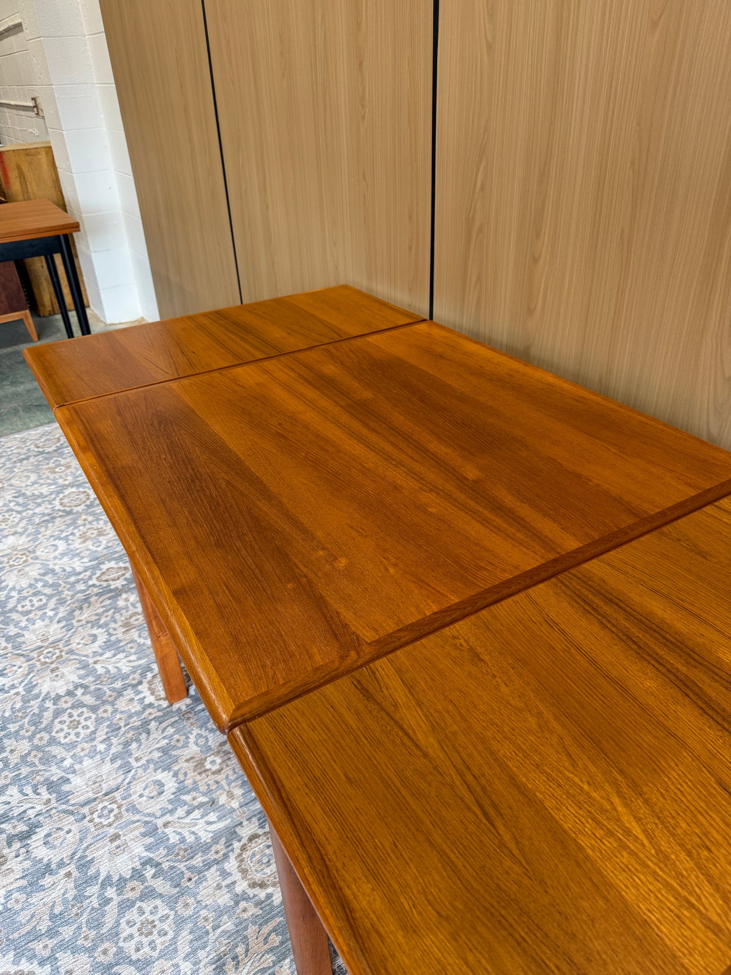 Refinished Rounded-Edge Square Teak Drop-Leaf Dining Table