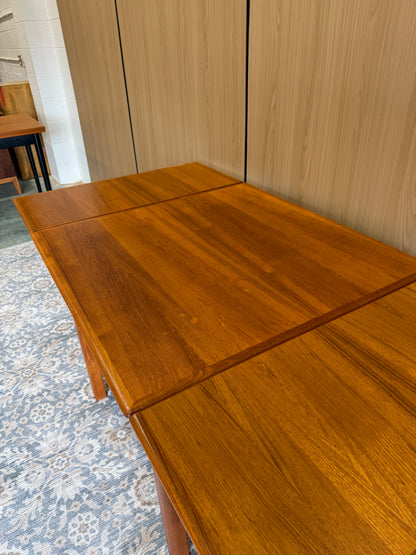Refinished Rounded-Edge Square Teak Drop-Leaf Dining Table