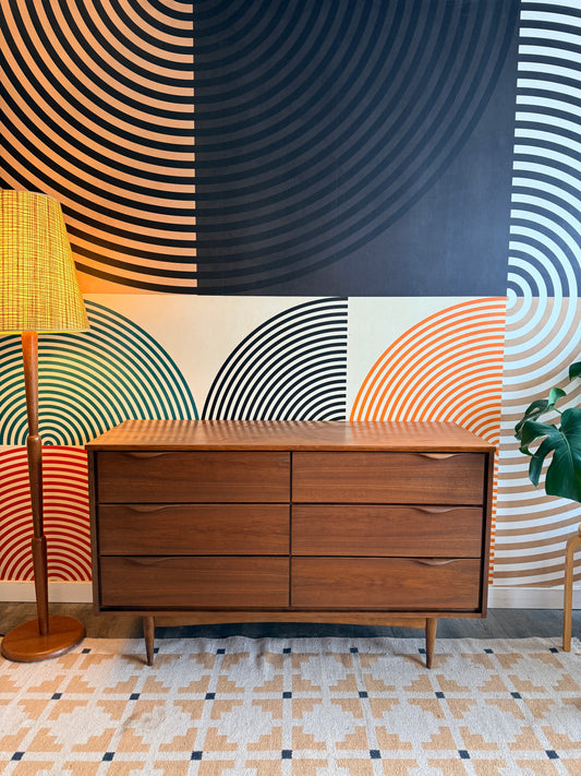 Vintage Walnut 6 Drawer Dresser with Sculpted Handles