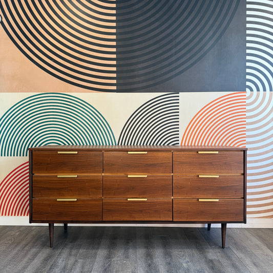 Vintage Walnut 9 Drawer Dresser with Brass Handles