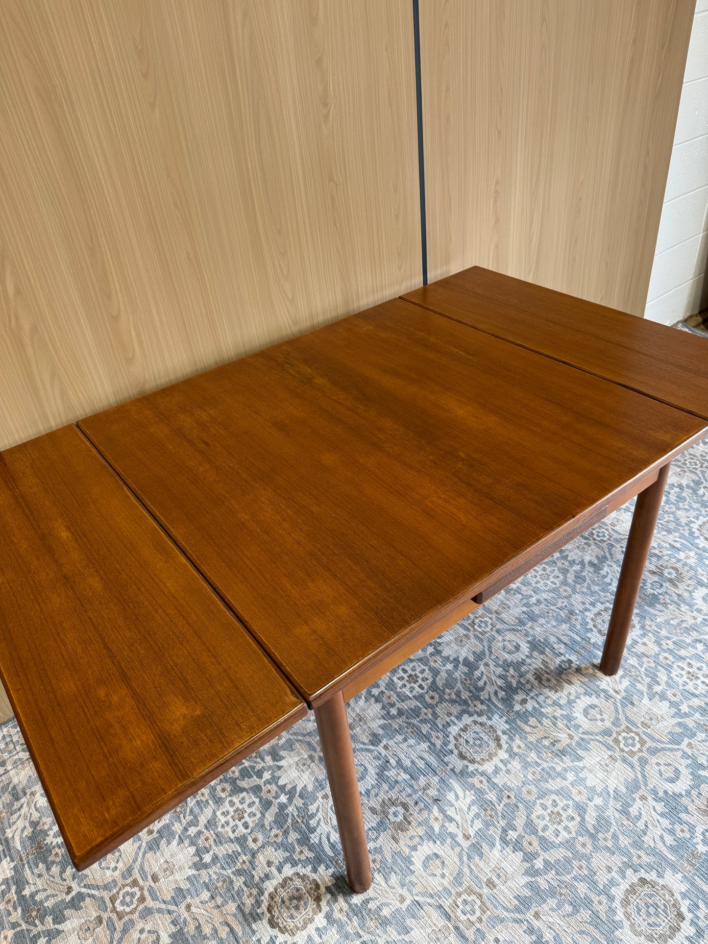 Refinished Teak Square Expanding Dining Table