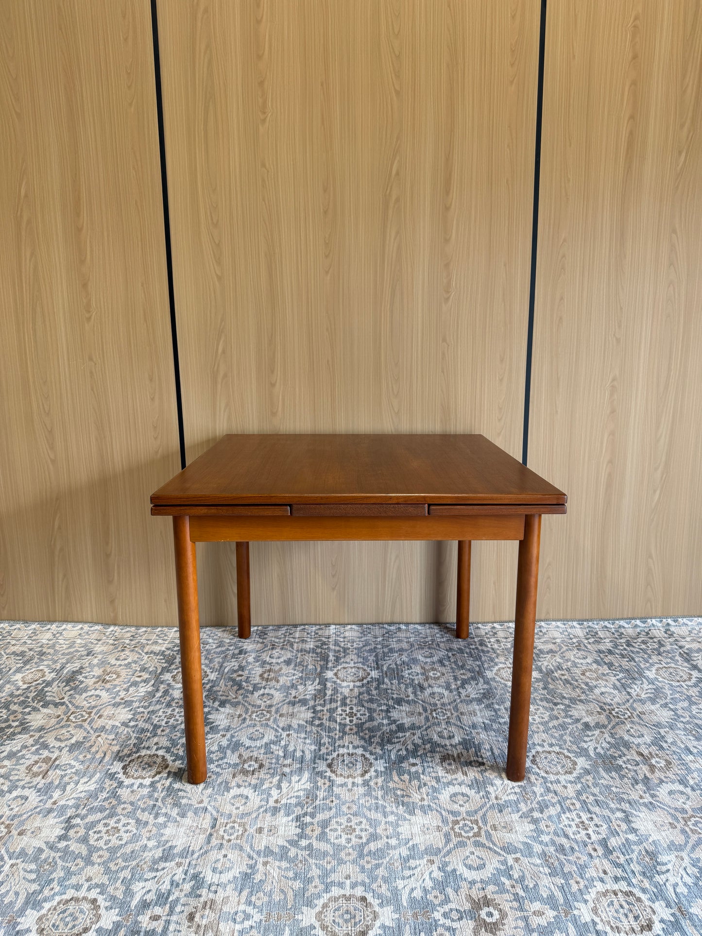Refinished Teak Square Expanding Dining Table