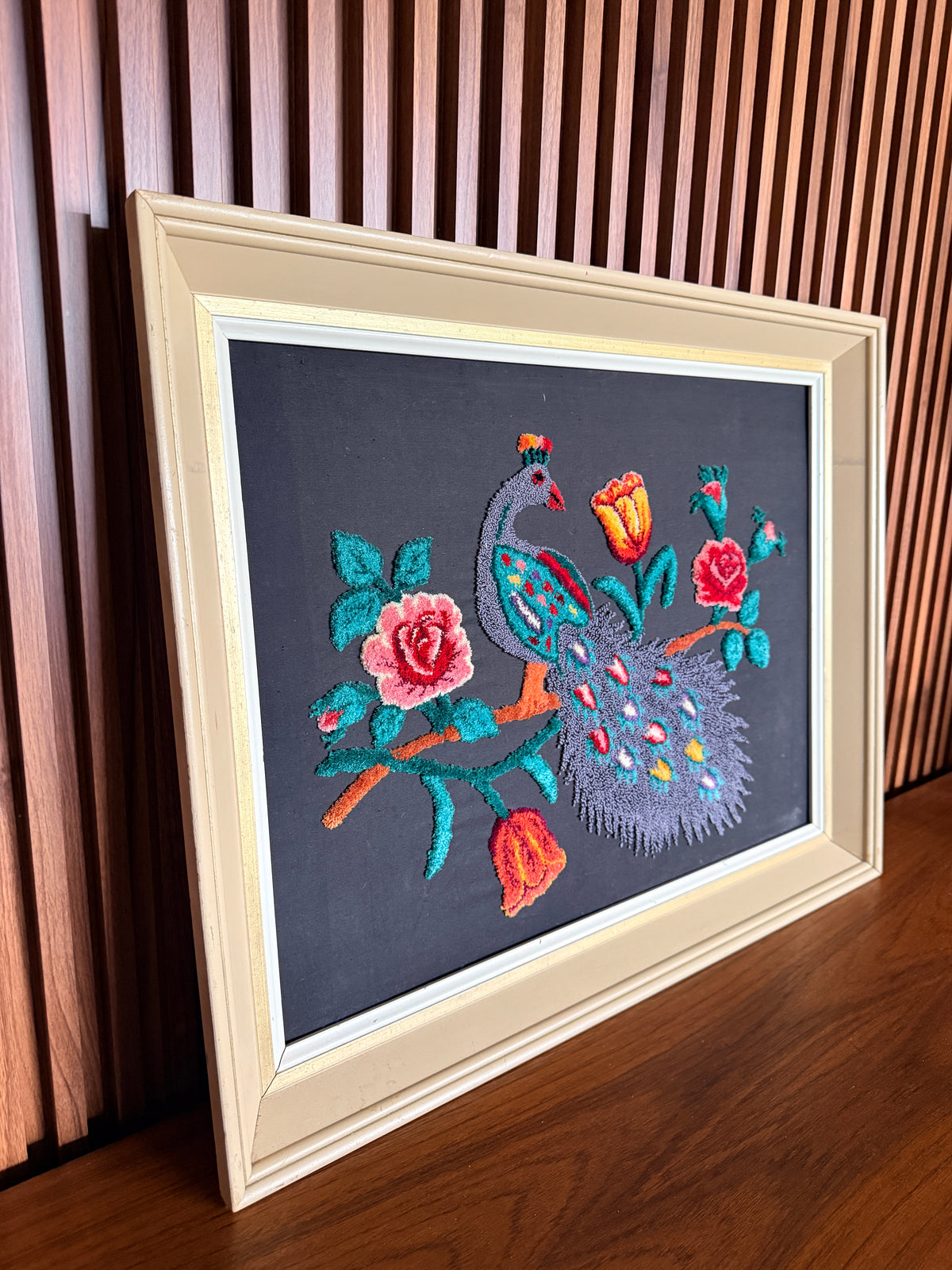 Vintage Framed Peacock Textile Art