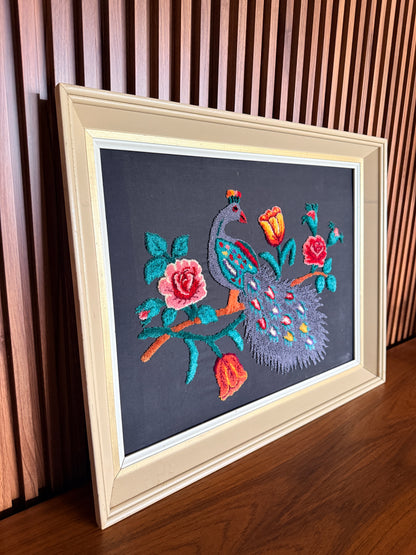Vintage Framed Peacock Textile Art