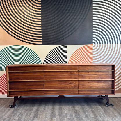 Vintage Walnut Curved Front 9 Drawer Dresser