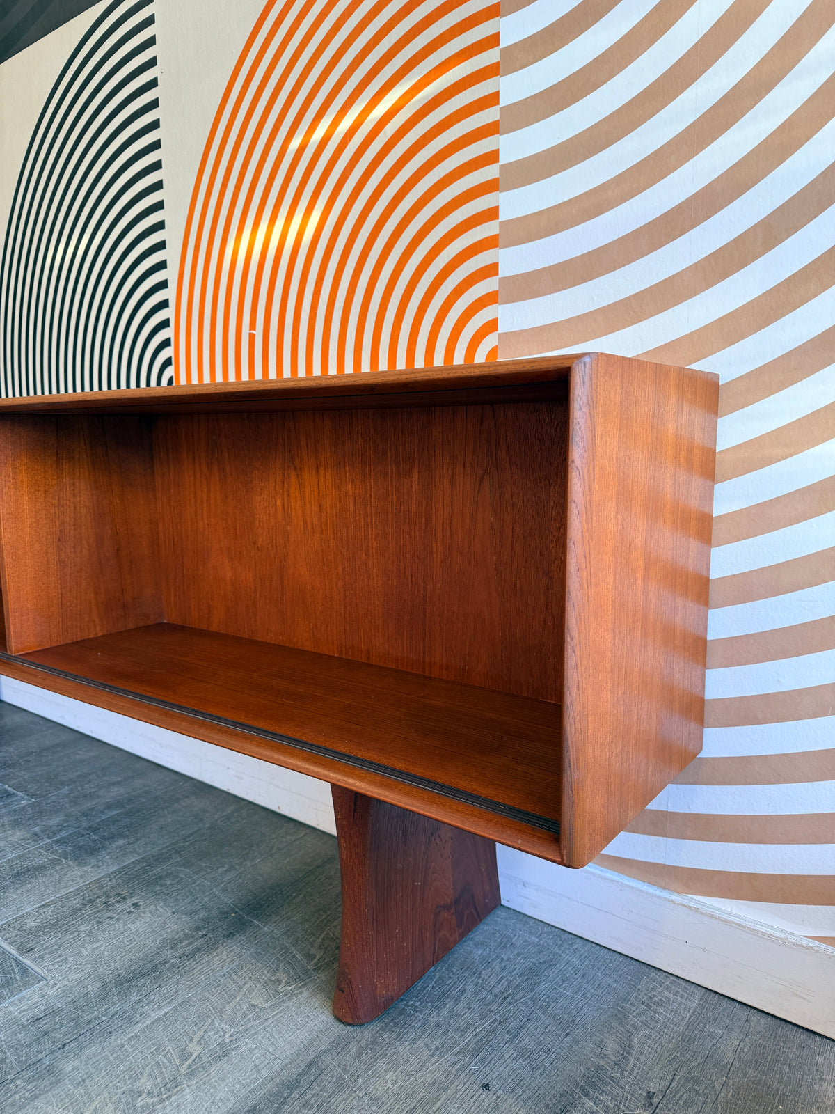 Vintage Teak Low Bookcase / Console w/ Glass Doors