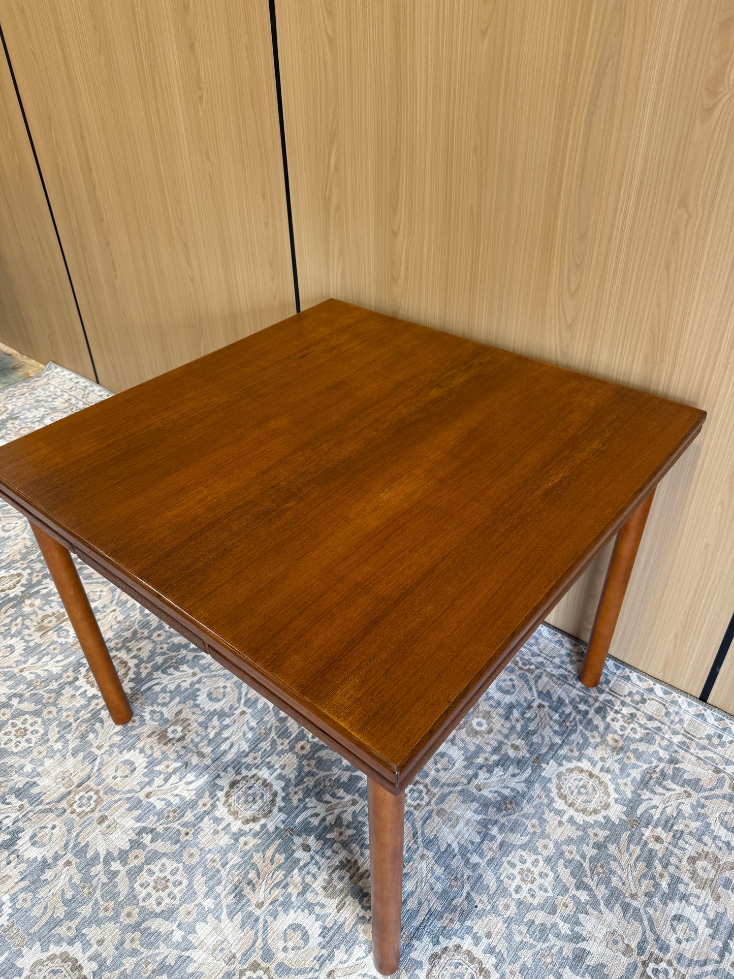 Refinished Teak Square Expanding Dining Table