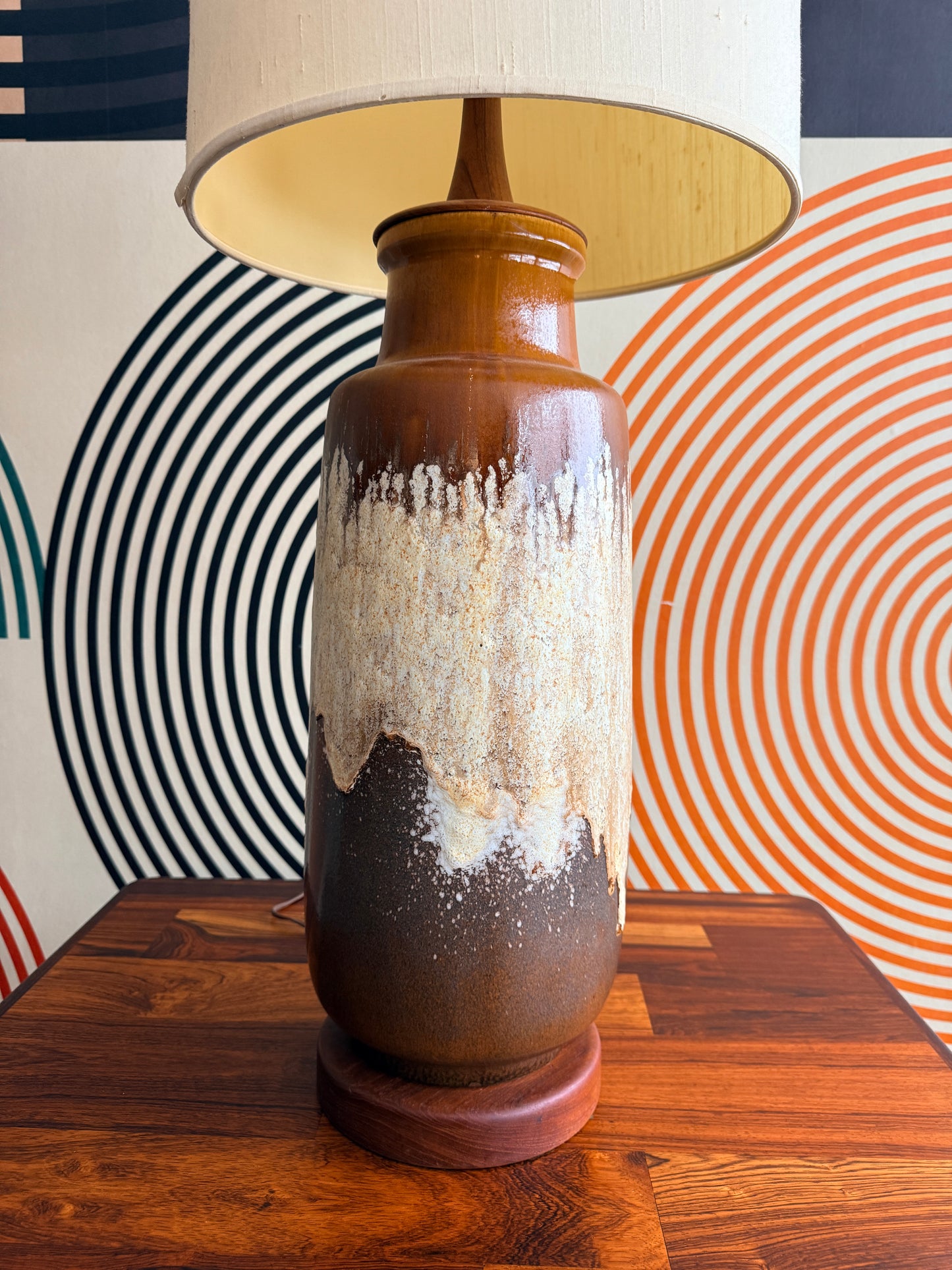 X-Large Vintage German Drip Ceramic Lamp on Teak Base