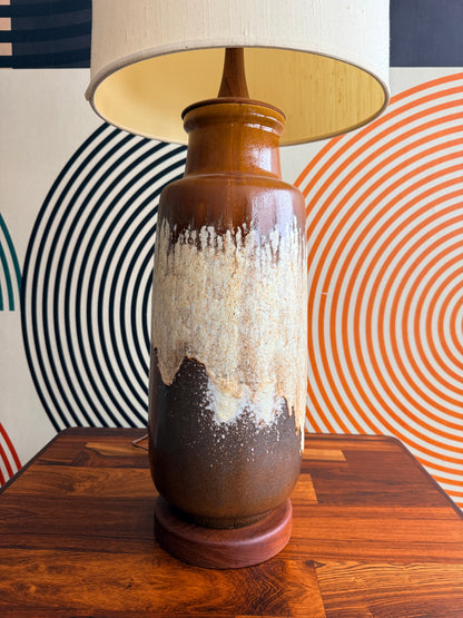 X-Large Vintage German Drip Ceramic Lamp on Teak Base