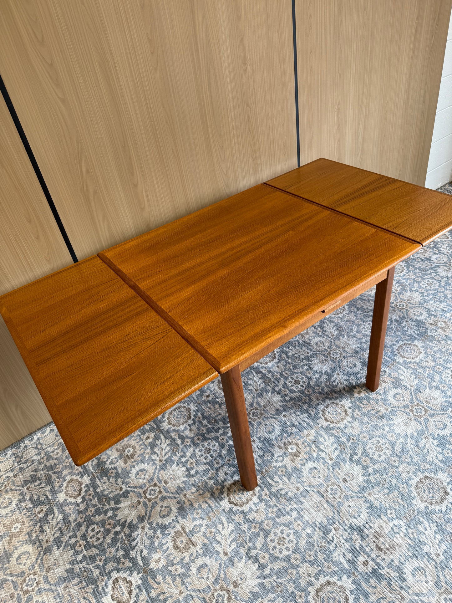 Refinished Rounded-Edge Square Teak Drop-Leaf Dining Table