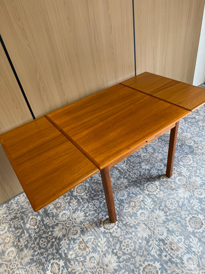 Refinished Rounded-Edge Square Teak Drop-Leaf Dining Table