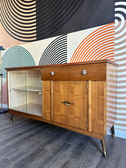 Vintage Walnut Sideboard with Sliding Glass Doors By Krug