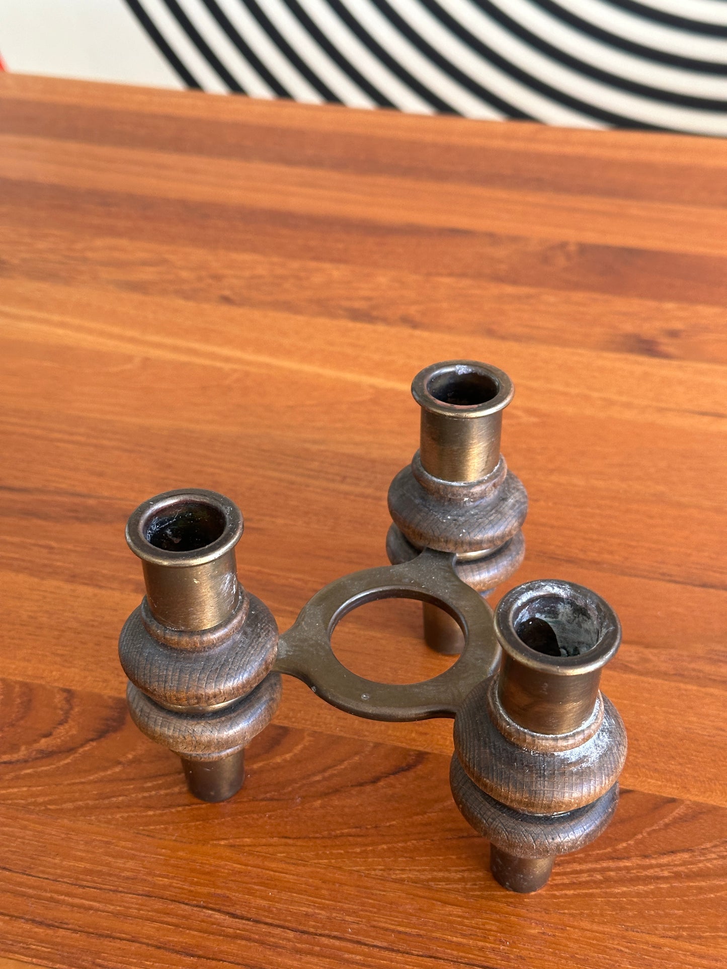Vintage Wood and Brass Candle Holder