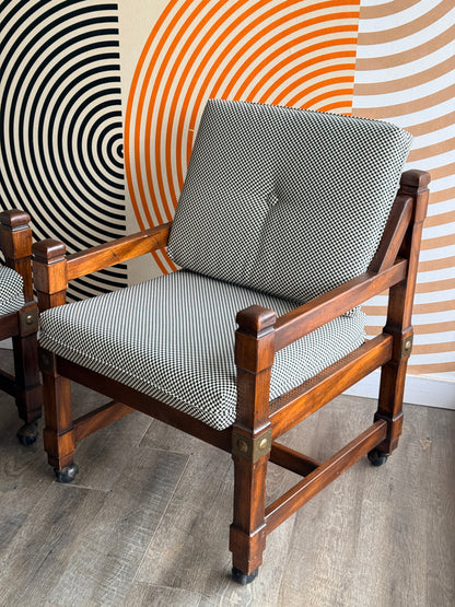 Pair of Vintage Wooden Chairs with Checkered Upholstery
