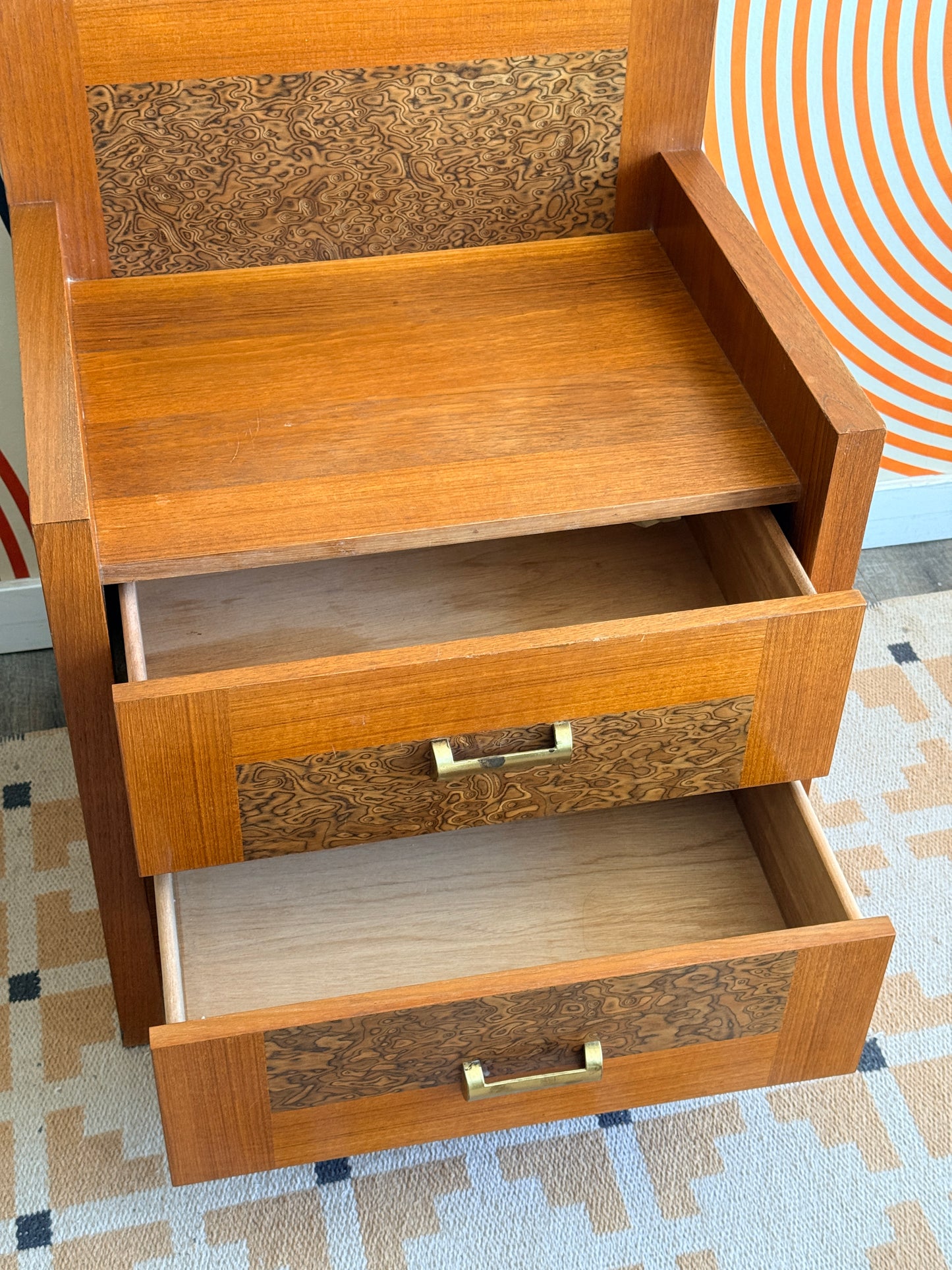 Vintage RS Associates Teak and Burlwood Bench/ Side Cabinet with Drawers