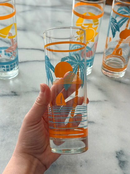 Set of 4 Tropical Beach Tom Collins Highball Glasses