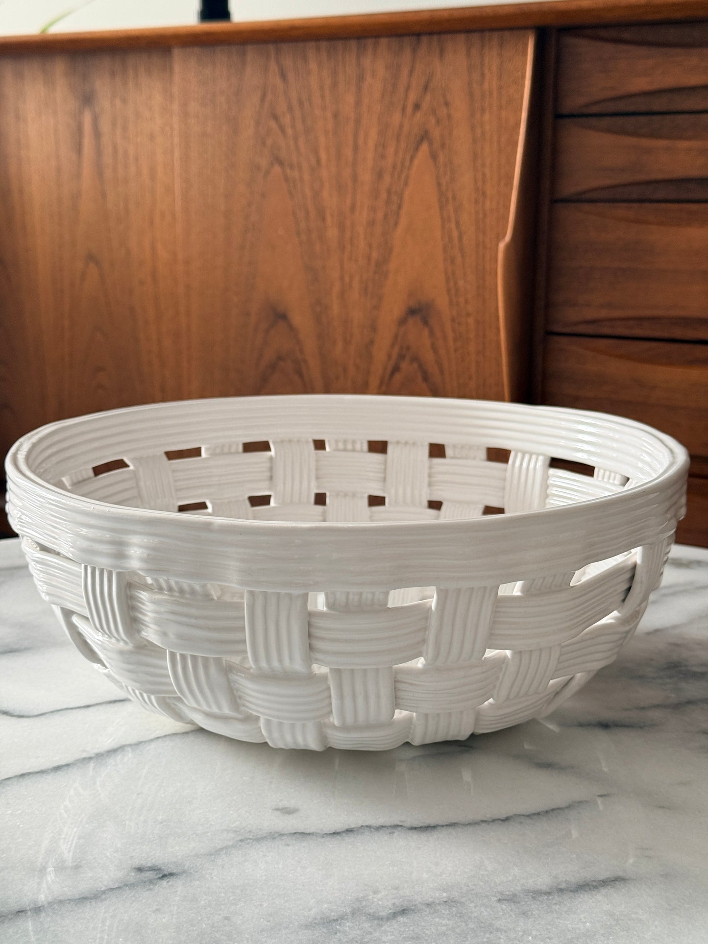 Vintage PCCW White Basket Weave Pottery 12” Large Bowl Made Slovenia