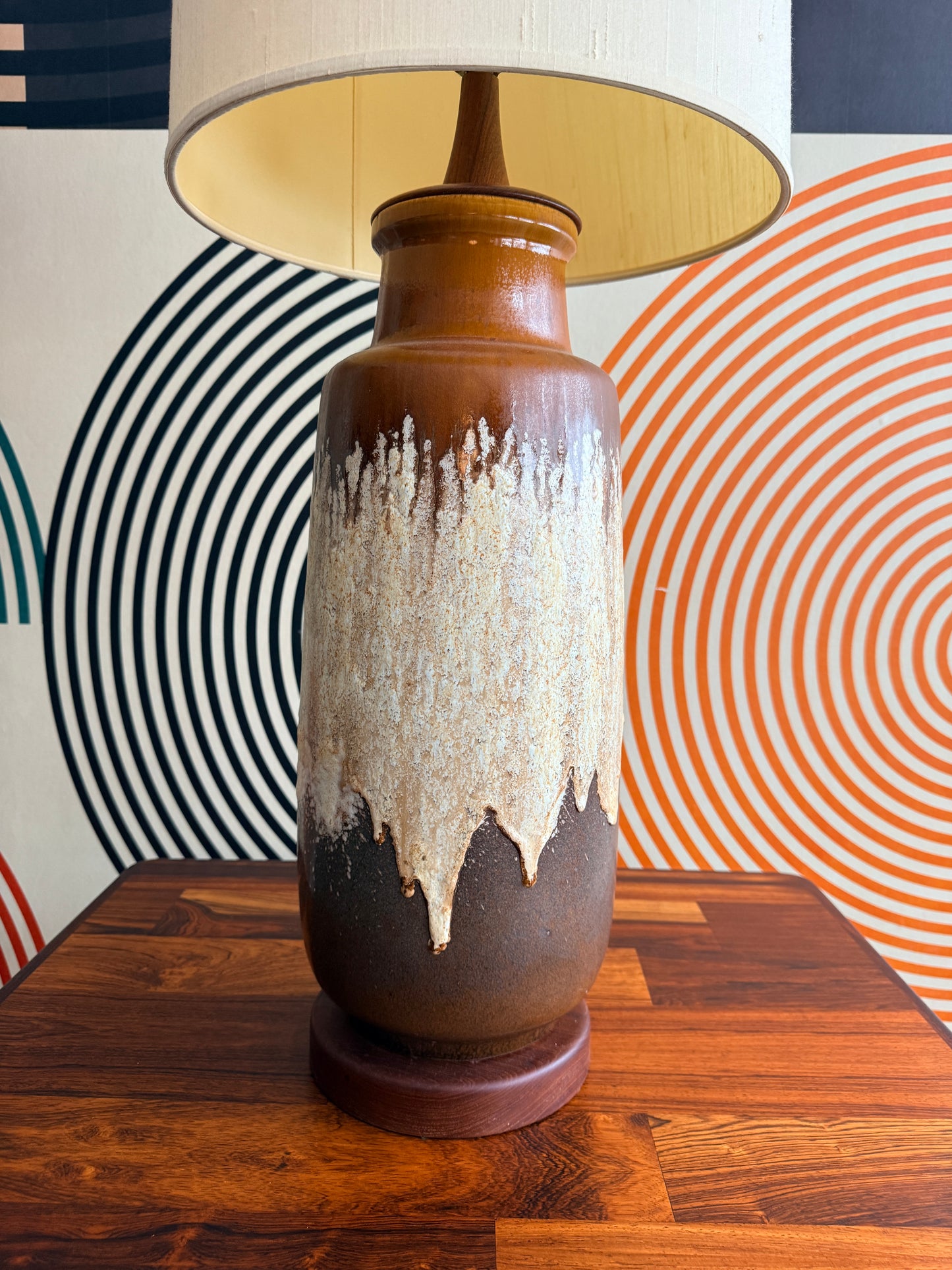 X-Large Vintage German Drip Ceramic Lamp on Teak Base
