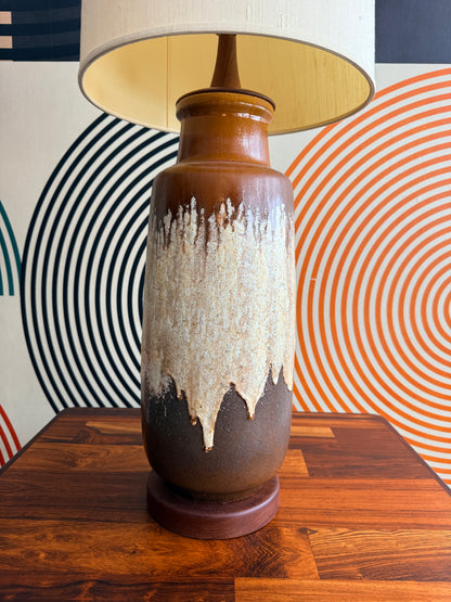 X-Large Vintage German Drip Ceramic Lamp on Teak Base
