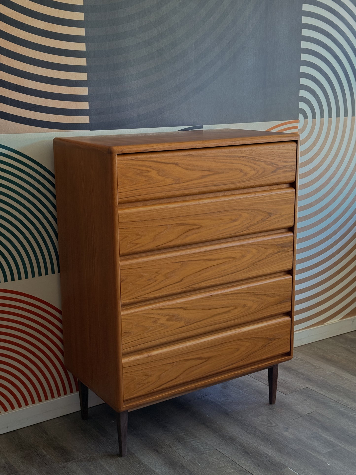Vintage Teak 5 Drawer Tallboy Dresser