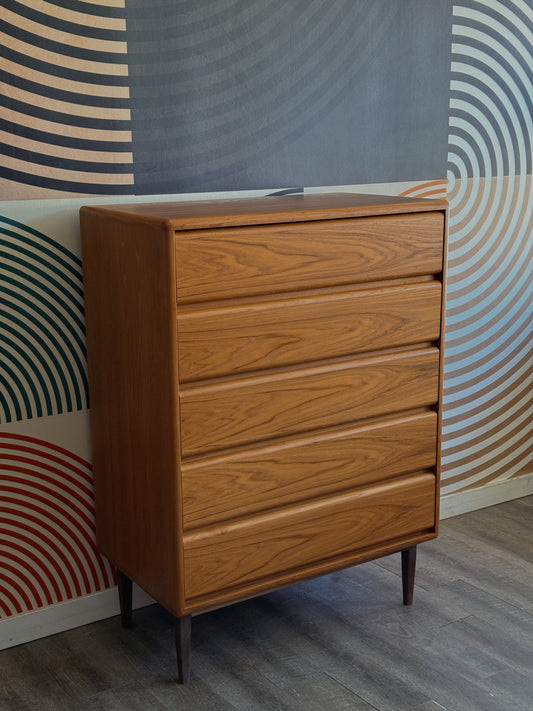 Vintage Teak 5 Drawer Tallboy Dresser