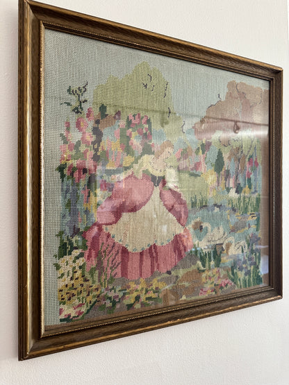 Vintage Cross Stitch Lady and Swans Art