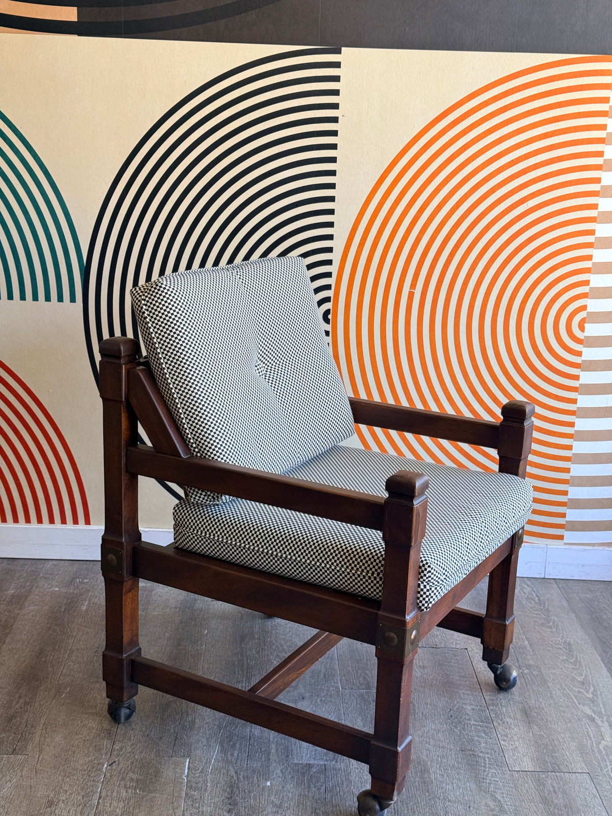 Vintage Wooden Chair with Checkered Upholstery